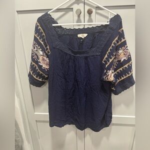 entro Navy Blue Blouse, Embroidery 3/4 Sleeves And Lace 2X